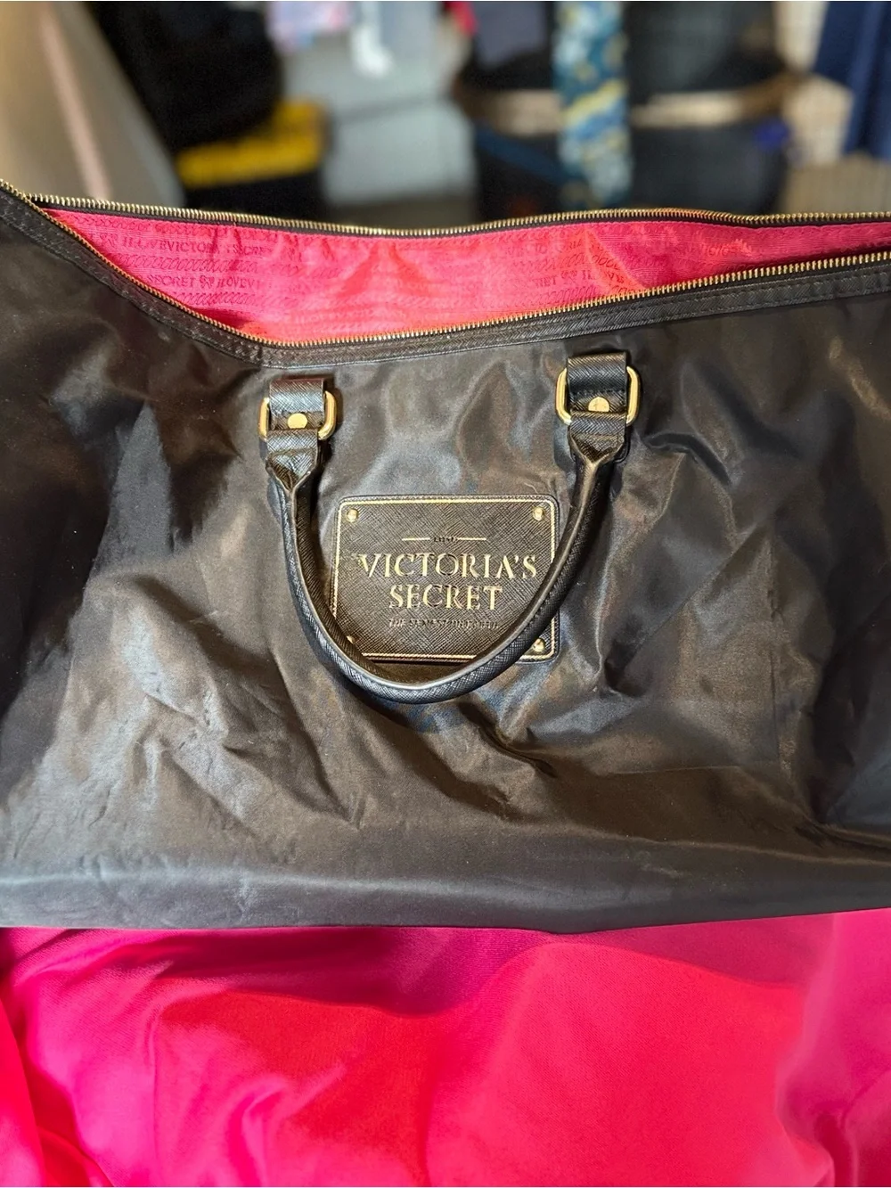Victoria's Secret Black Weekender Duffel Bag with Pink Lining